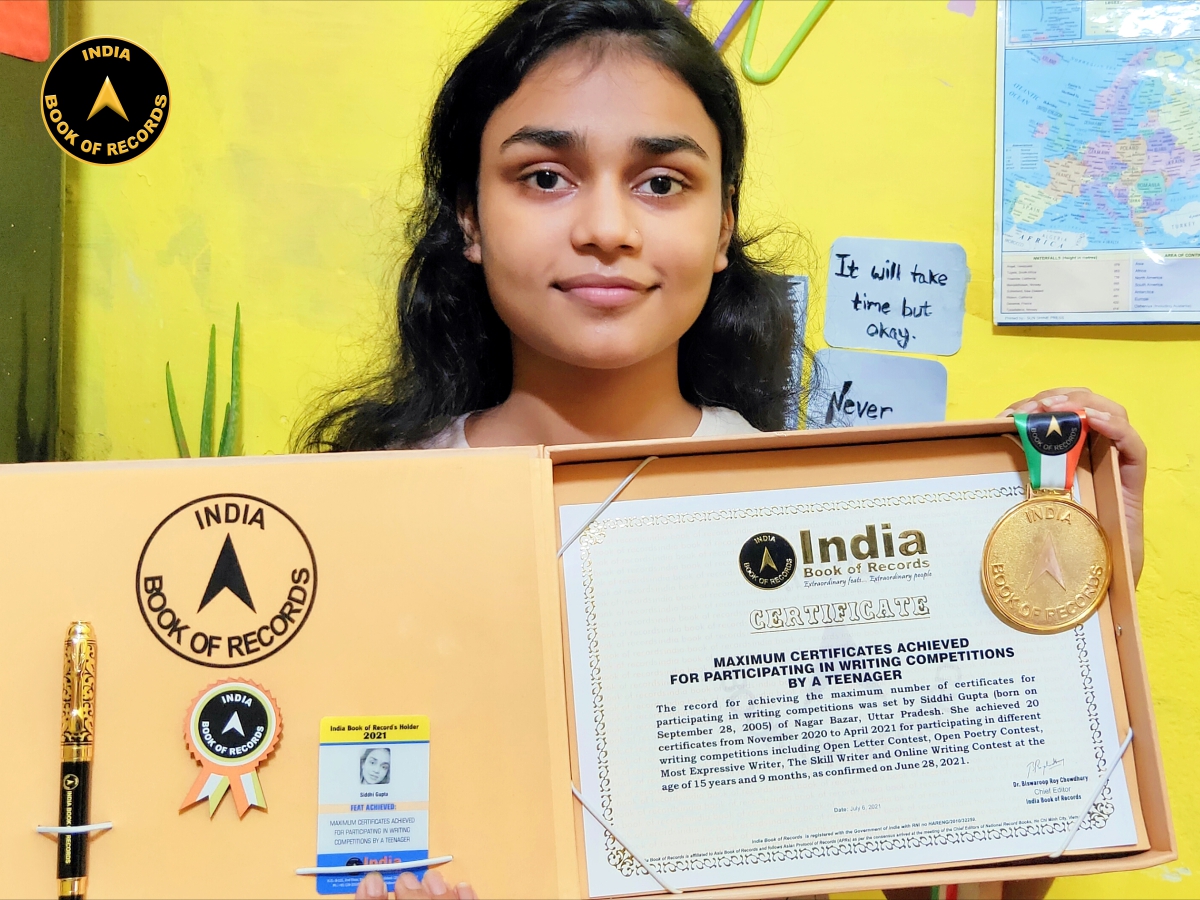 Maximum certificates achieved for participating in writing competitions by a teenager