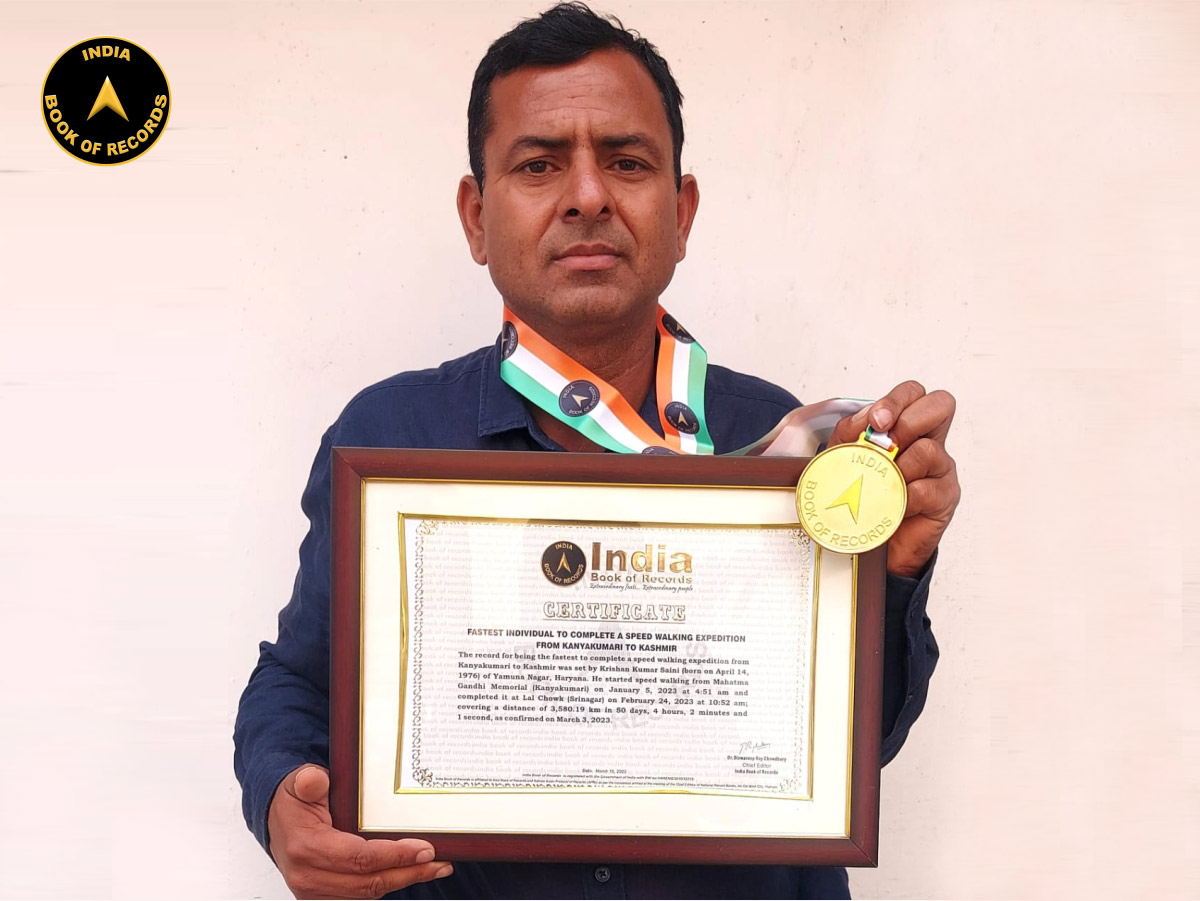 Fastest individual to complete a speed walking expedition from Kanyakumari to Kashmir