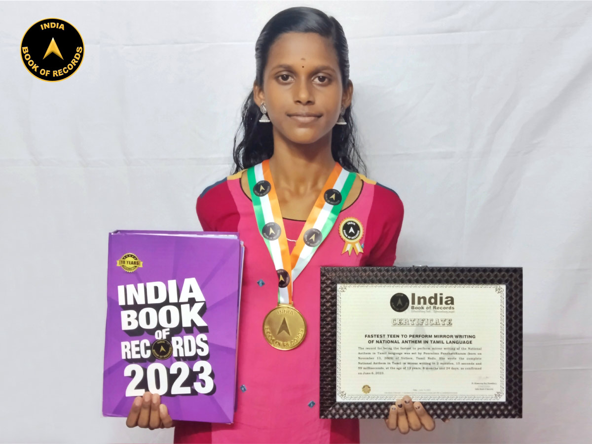 Fastest teen to perform mirror writing of National Anthem in Tamil language