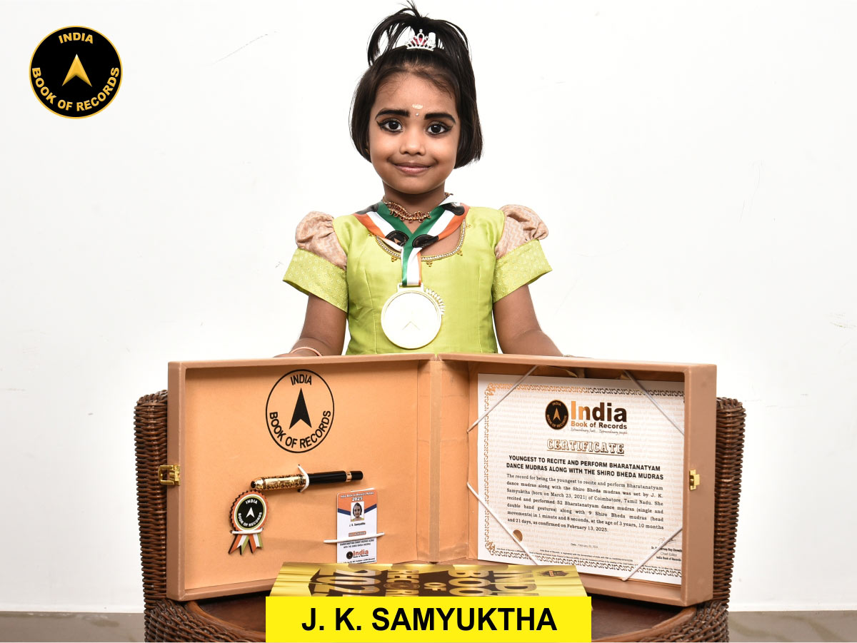 Youngest to recite and perform Bharatanatyam dance mudras along with the Shiro Bheda mudras