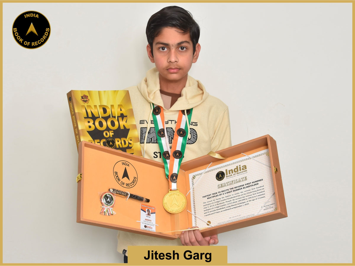 Fastest teen to recite the reverse first hundred multiples of a 5-digit number blindfolded 