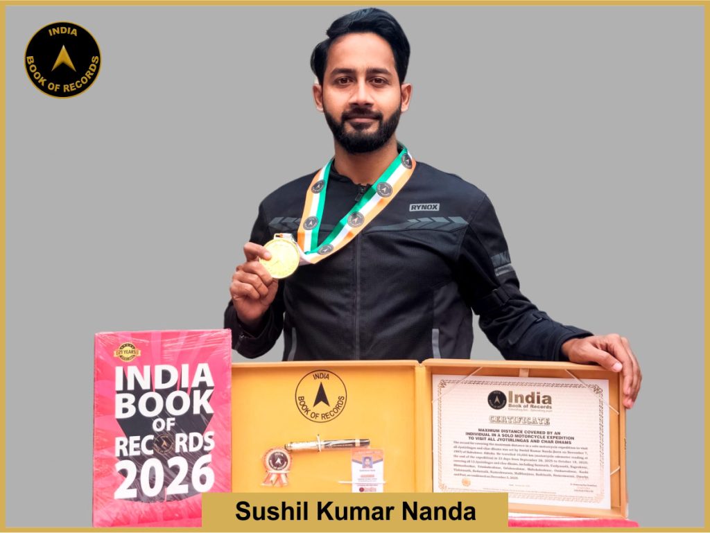 Image of Sushil kumar Nanda, Maximum distance covered by an individual in a solo motorcycle expedition to visit all Jyotirlingas and char dhams.