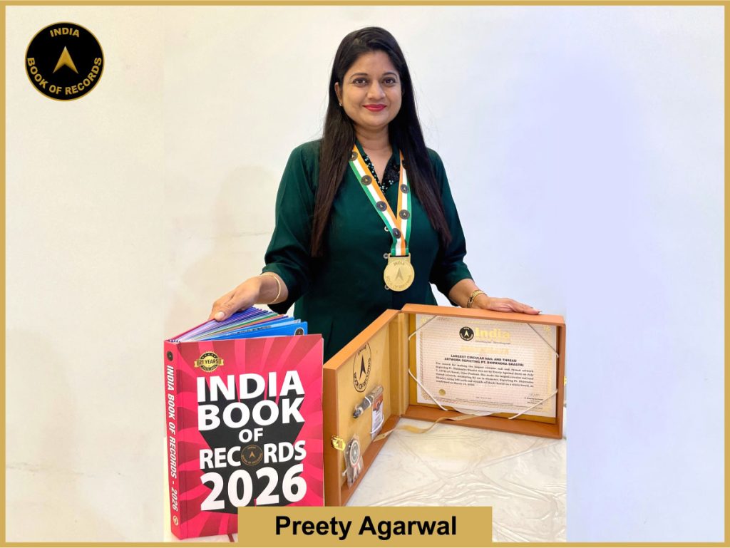 Pic of Preety Agarwal, Largest circular nail and thread artwork depicting Pt. Dhirendra Shastri