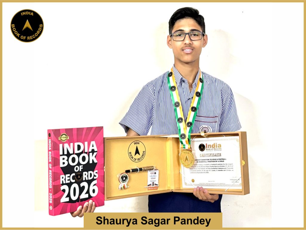 Image of Shaurya Sagar Pandey, Longest duration to hold a football in headstall position by a child