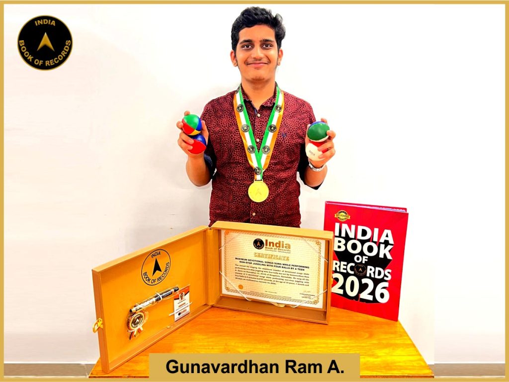 Image of Gunavardhan Ram A. Maximum devotional songs sung while performing non-stop juggling with four balls by a teen