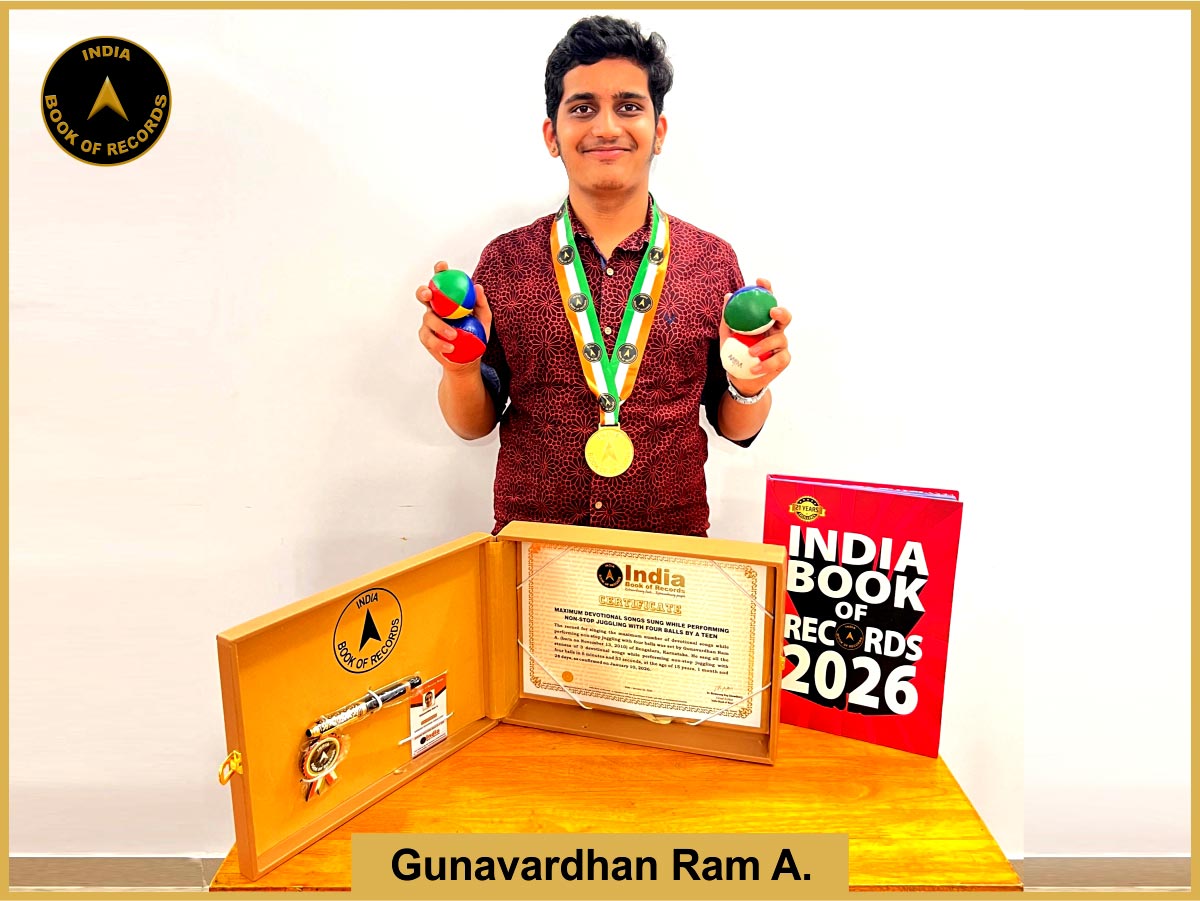 Maximum devotional songs sung while performing non-stop juggling with four balls by a teen