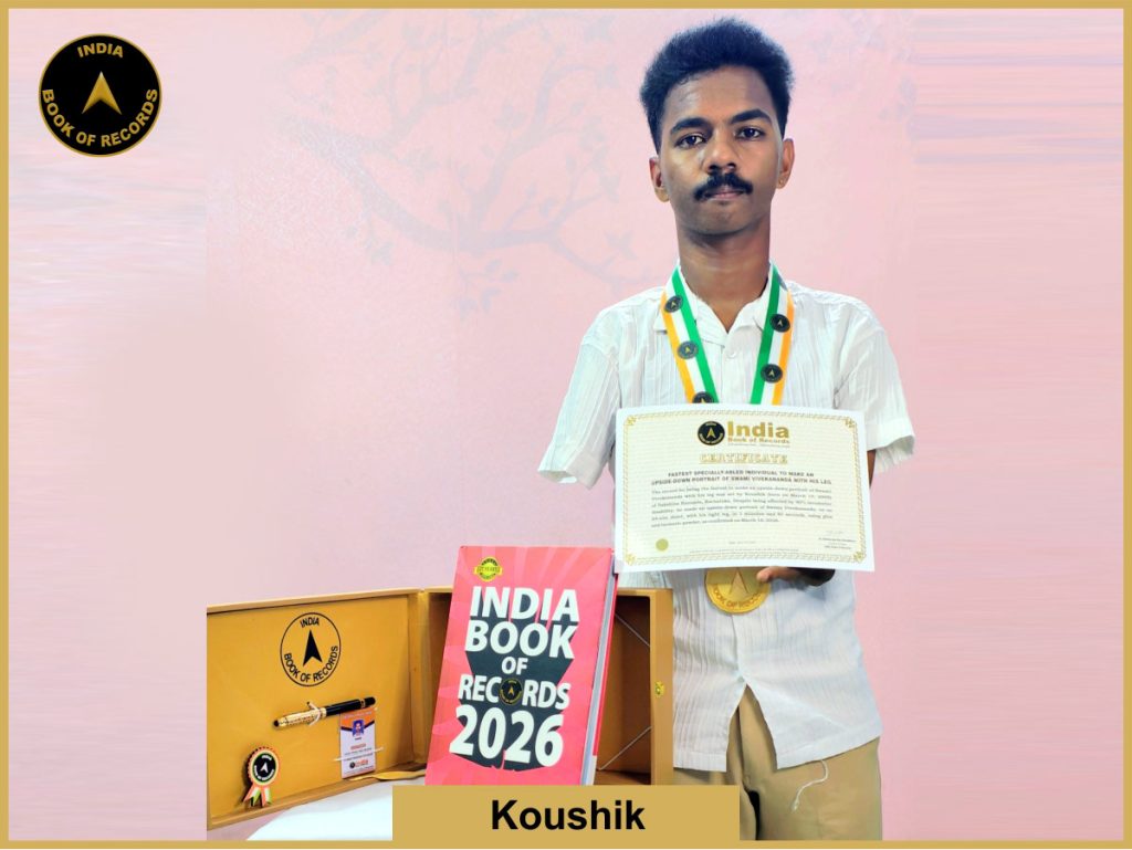 Image of Koushik, Fastest specially-abled individual to make an upside-down portrait of Swami Vivekananda with his leg