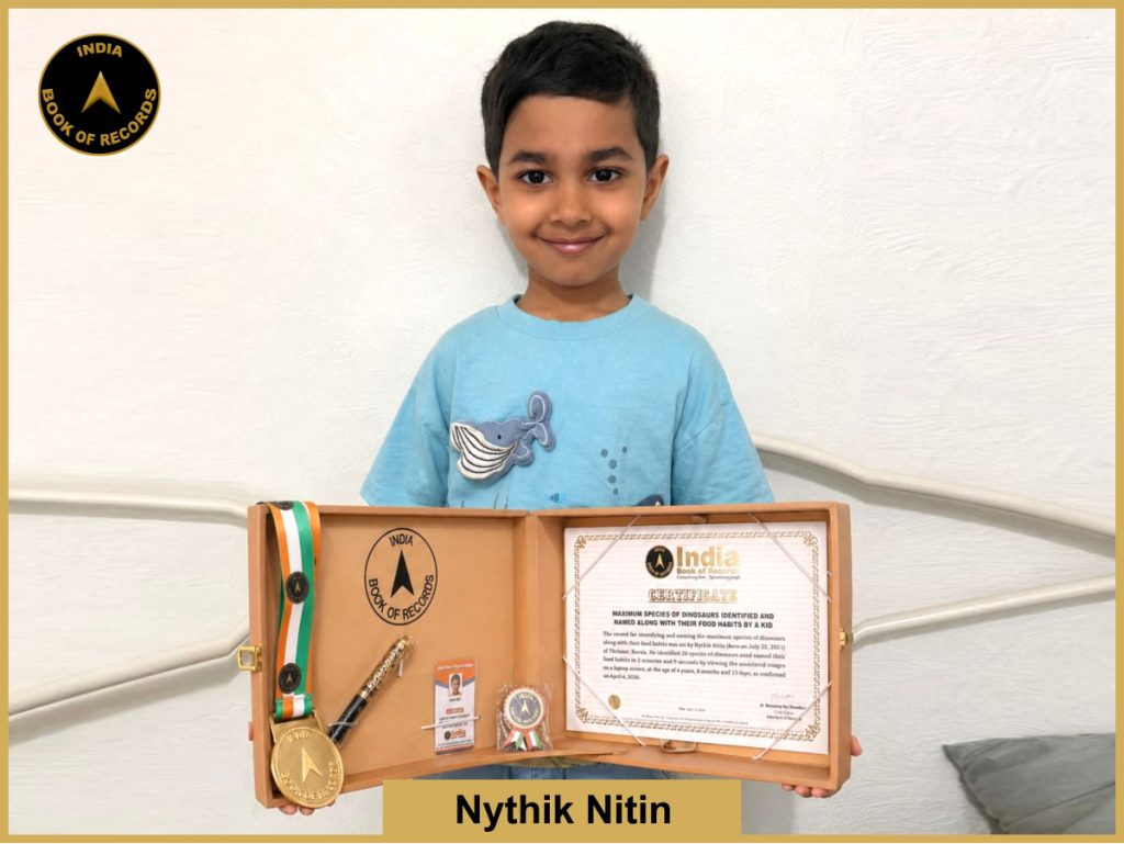 Pic of Nythik Nitin, Maximum species of dinosaurs identified and named along with their food habits by a kid.
