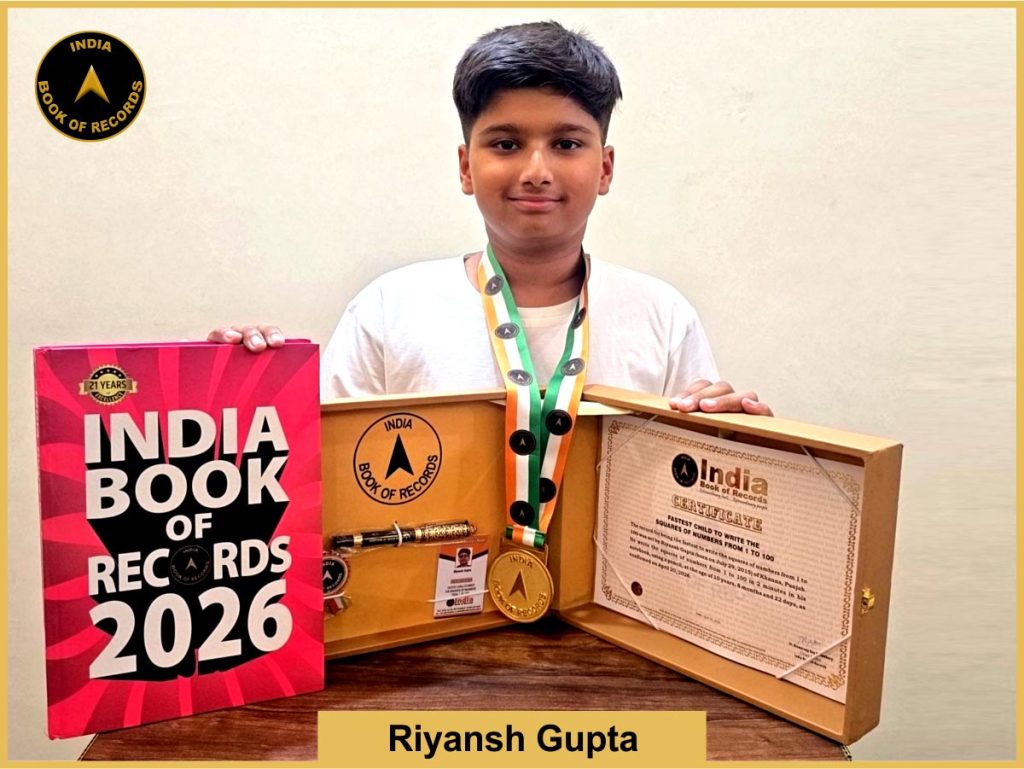 Image of Riyansh Gupta, Fastest child to write the squares of numbers from 1 to 100.