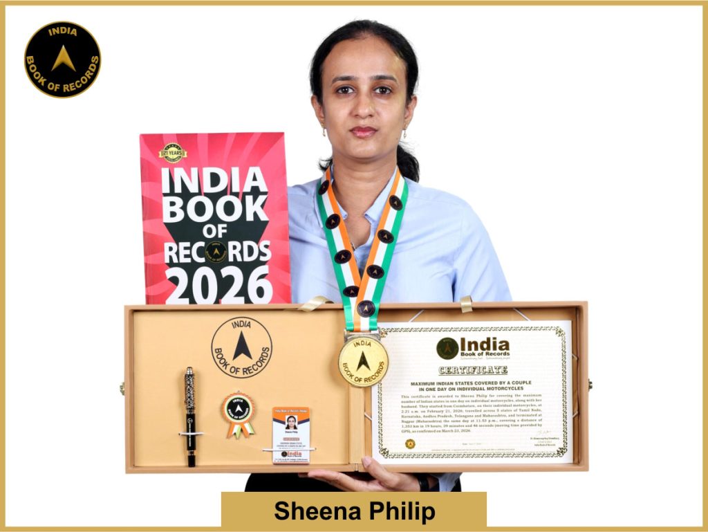 Image of Sheena Philip, Maximum Indian states covered by a couple in one day on individual motorcycles.