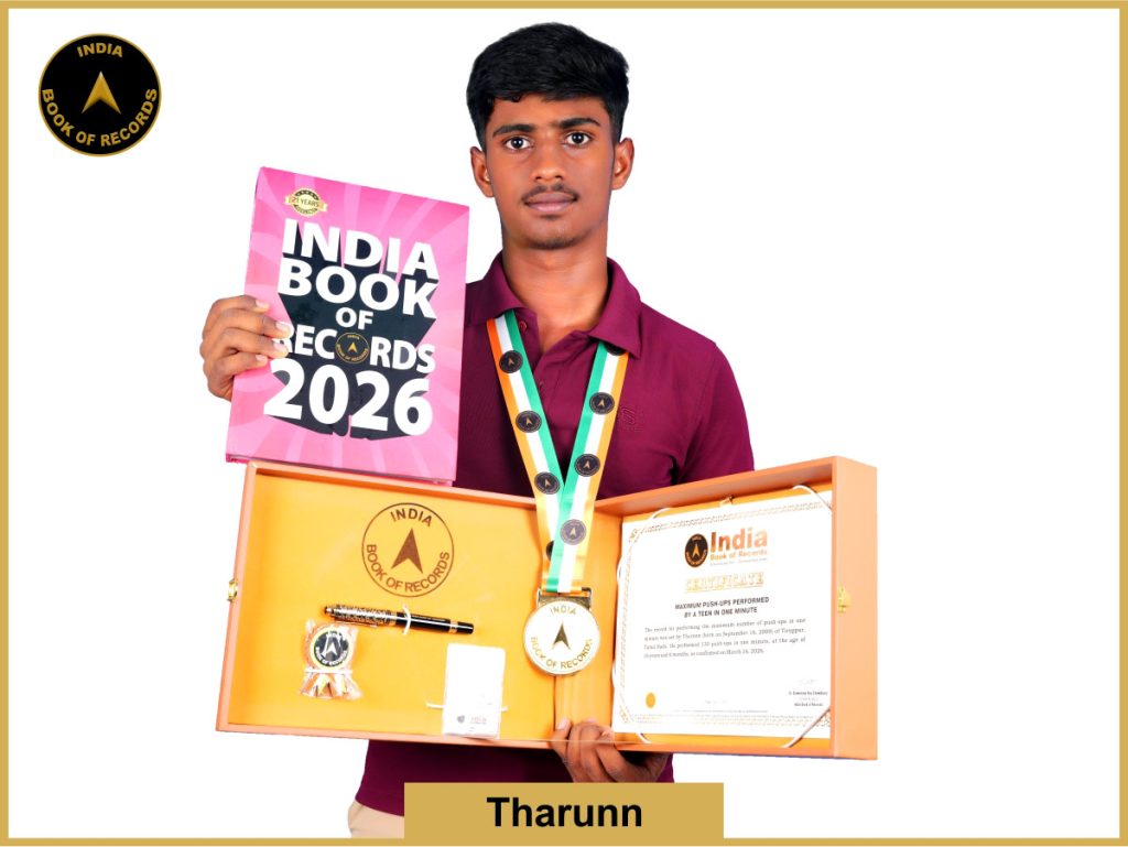 Image of Tharunn, Maximum push-ups performed by a teen in one minute.