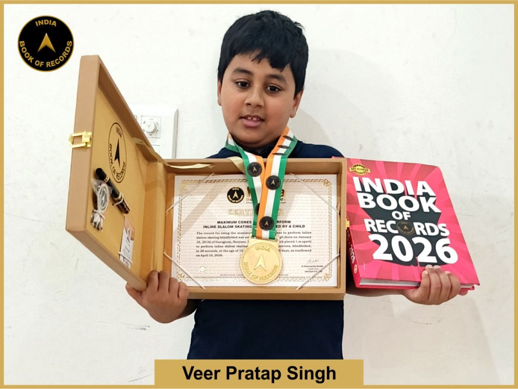 Pic of Veer Pratap Singh, Maximum cones used to perform inline slalom skating blindfolded by a child.
