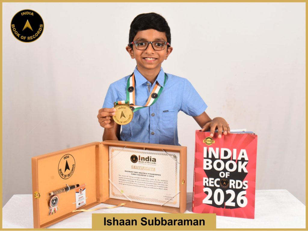 Image of Ishaan Subbaraman, Maximum times multiple Pyramorphix Cubes solved by a child.