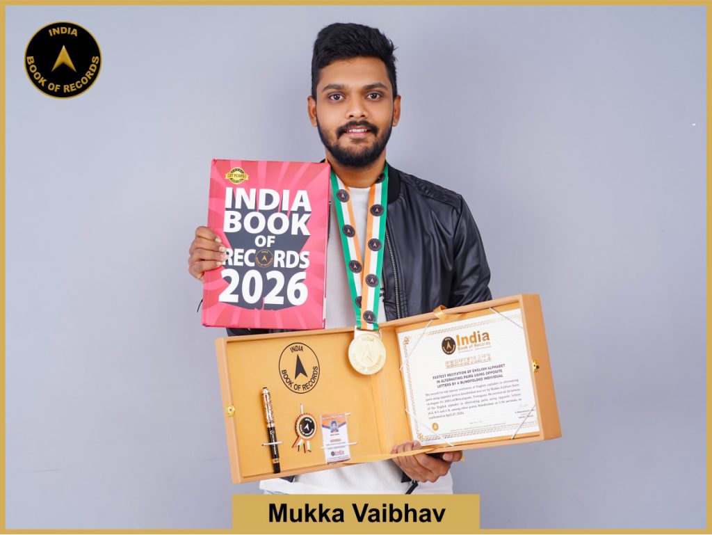 Pic of Mukka Vaibhav, Fastest recitation of English alphabet in alternating pairs using opposite letters by a blindfolded individual.