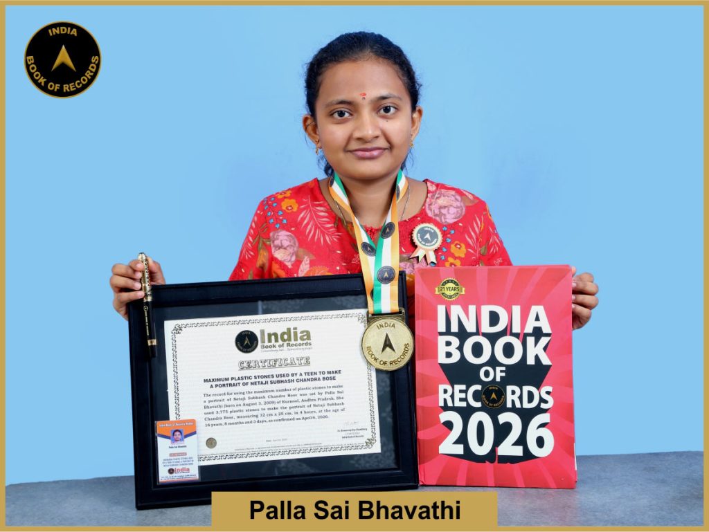 Image of Plla Sai Bhavathi, Maximum plastic stones used by a teen to make a portrait of Netaji Subhash Chandra Bose.