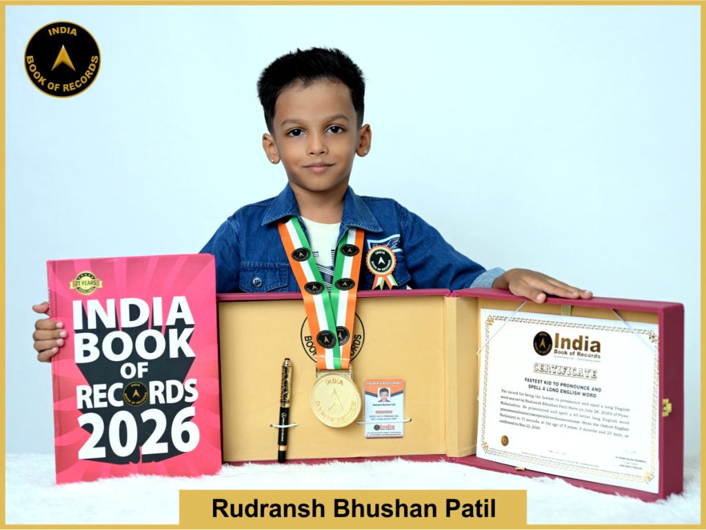 Pic of Rudransh Bhushan Patil, Fastest kid to pronounce and spell a long English word.