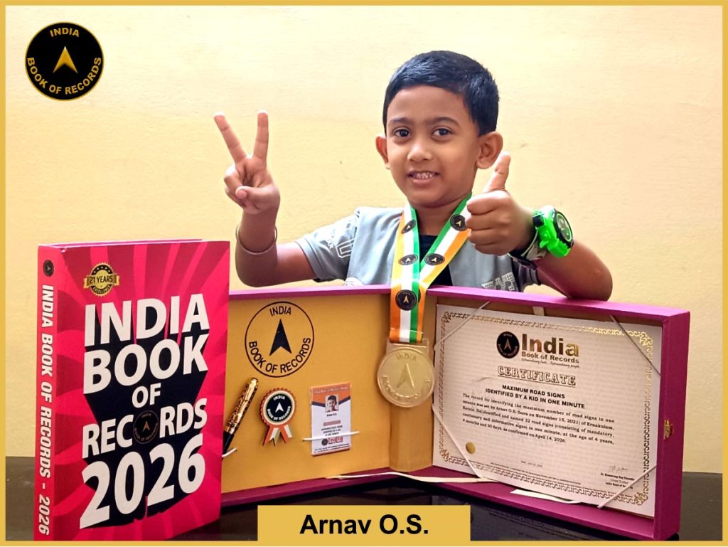 Image of Arnav O.S, Maximum road signs identified by a kid in one minute.