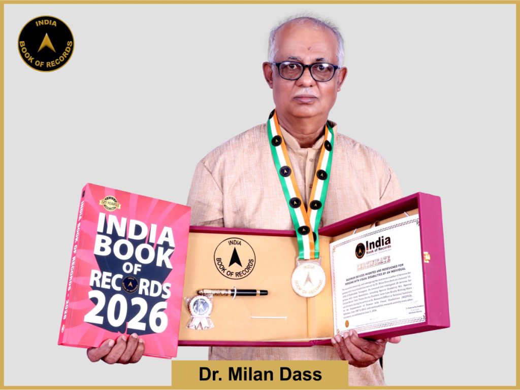 Image of Dr. Milan Dass, Maximum devices invented and redesigned for persons with visual disabilities by an individual.