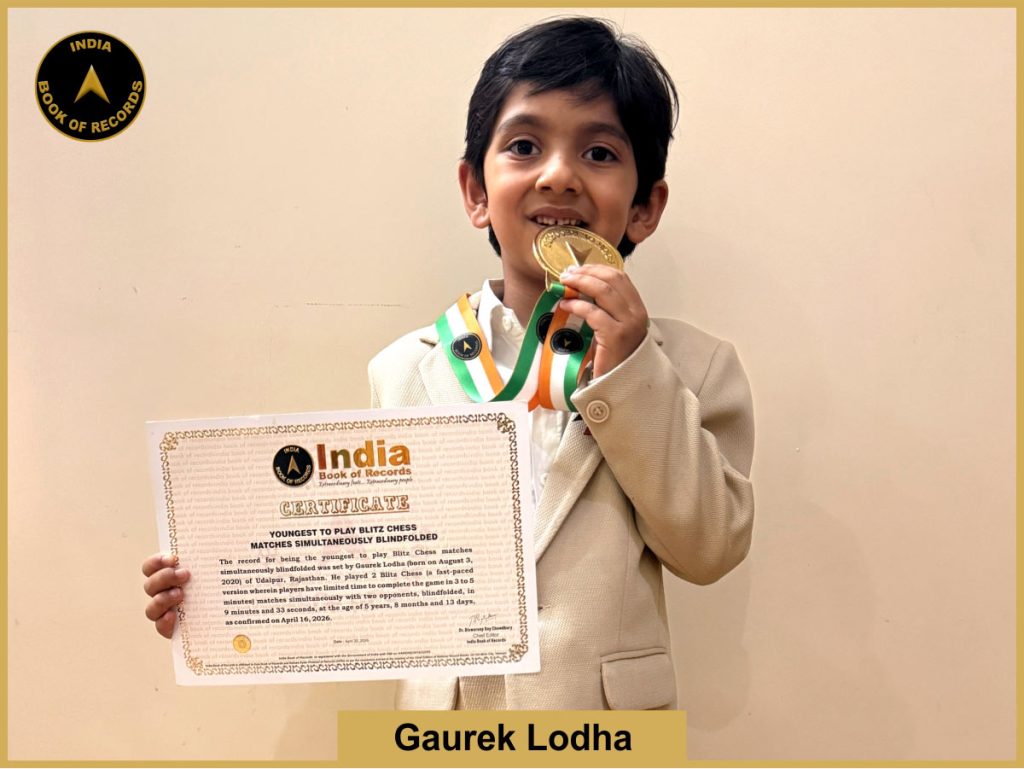 Pic of Gaurek Lodha, Youngest to play Blitz Chess matches simultaneously blindfolded.