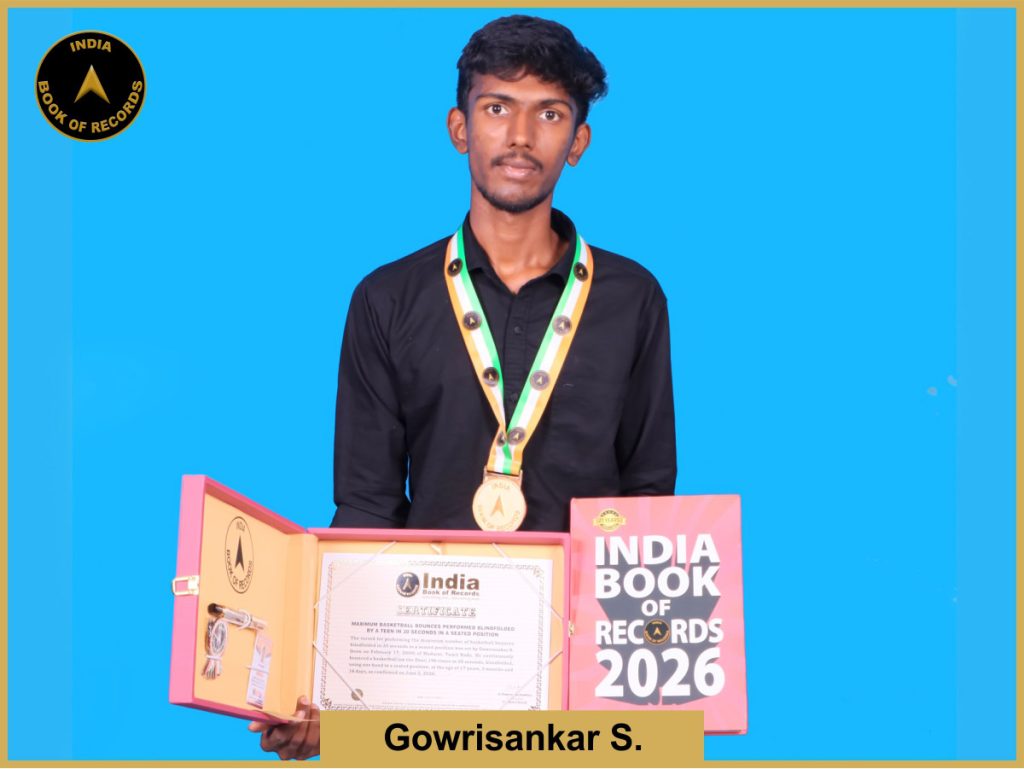 Image of Gowrisankar S, Maximum basketball bounces performed blindfolded by a teen in 30 seconds in a seated position.