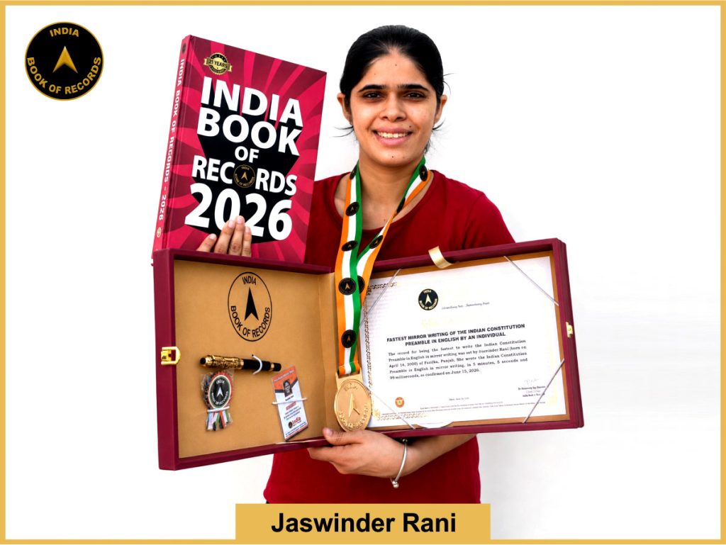 Image of Jaswinder Rani, Fastest mirror writing of the Indian Constitution Preamble in English by an individual.