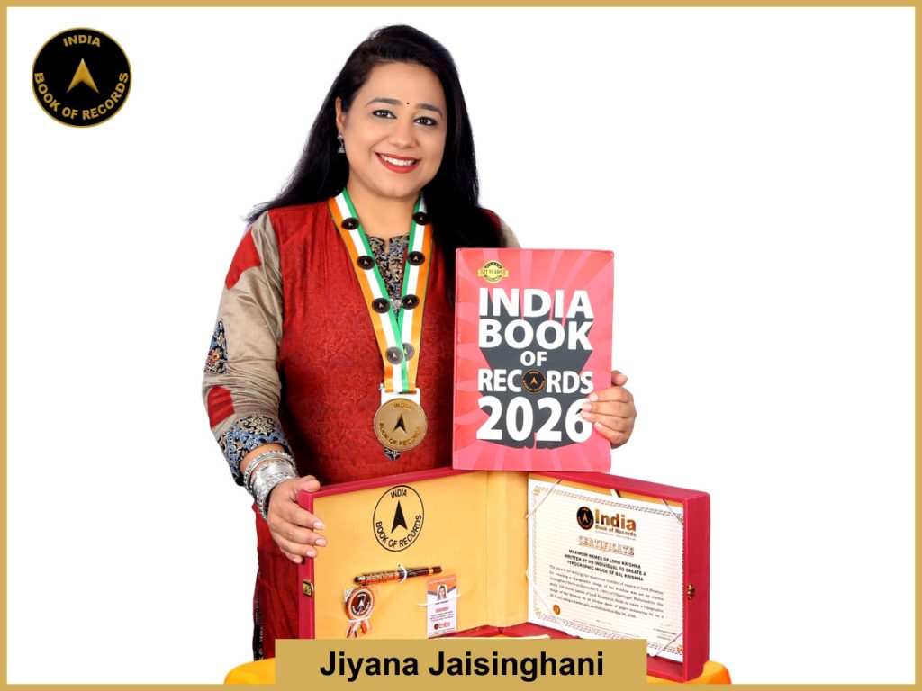 Image of Jiyana Jaisinghani, Maximum names of Lord Krishna written by an individual to create a typographic image of Bal Krishna.