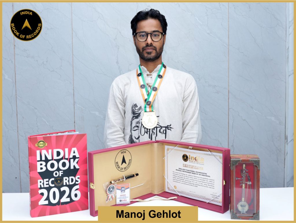 Image of Manoj Gehlot, Smallest functional Ravanahatha musical instrument made by an individual.