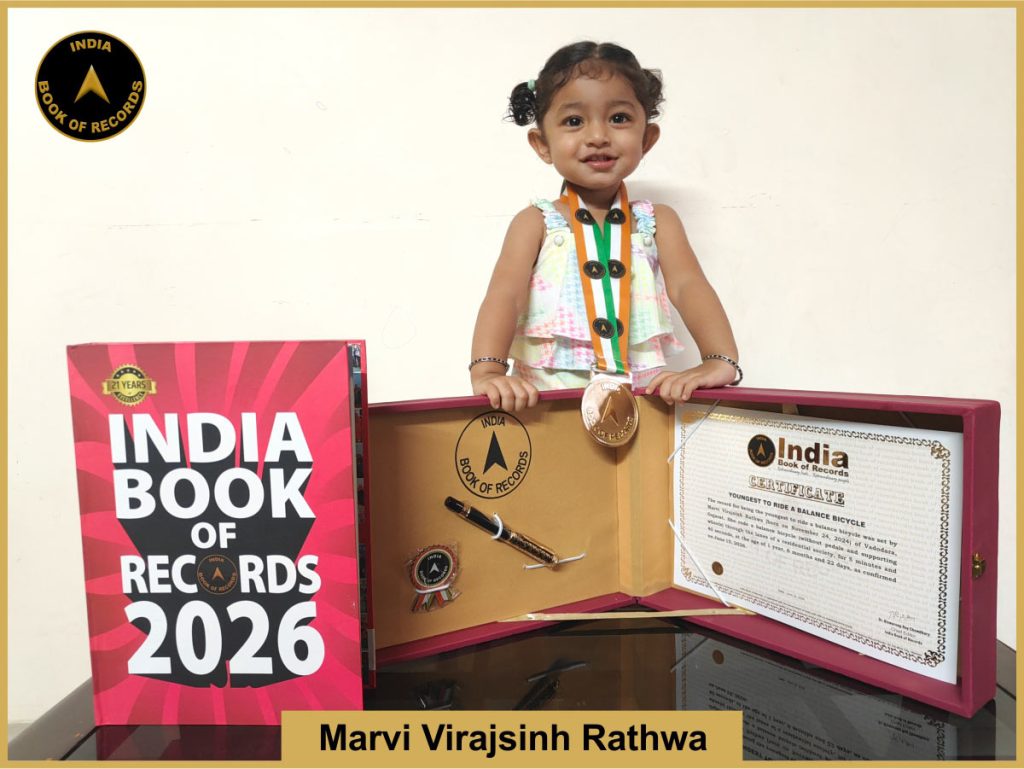 Image of Marvi Virajsinh Rathwa, Youngest to ride a balance bicycle.