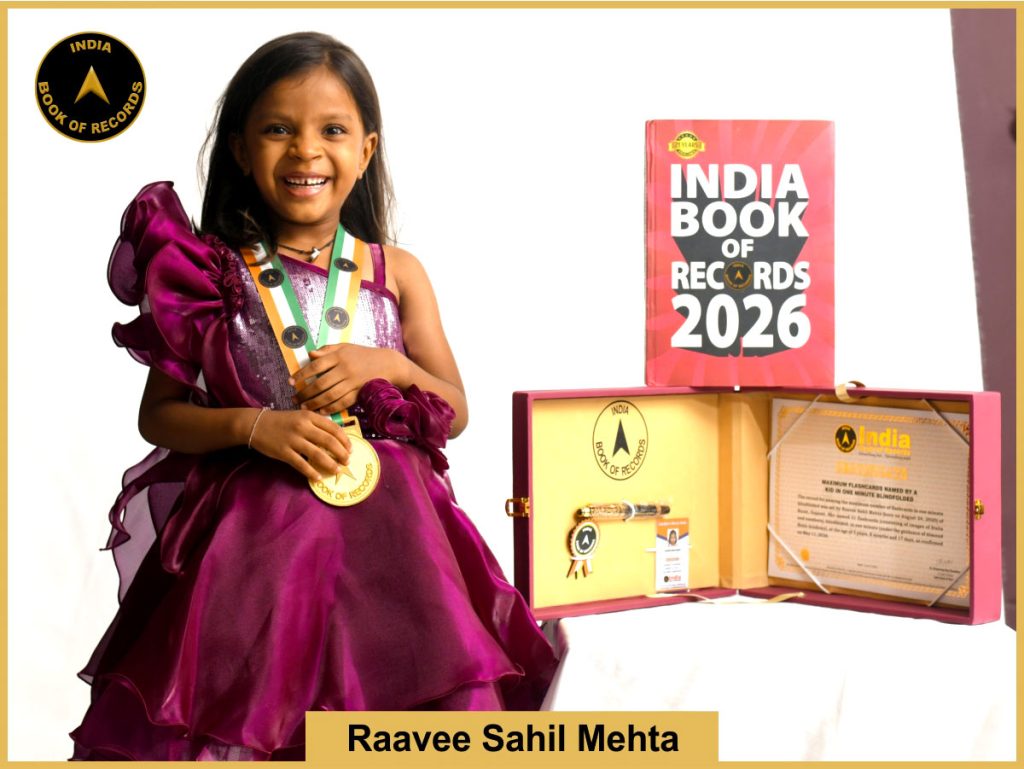 Image of Raavee Sahil Mehta, Maximum flashcards named by a kid in one minute blindfolded.