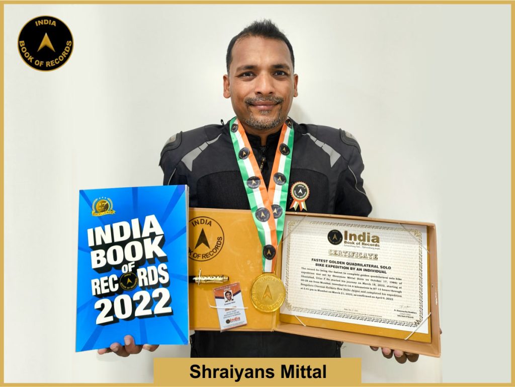 Image of Shraiyans Mittal, Fastest individual to complete a solo motorcycle expedition from East Coast to West Coast of India.