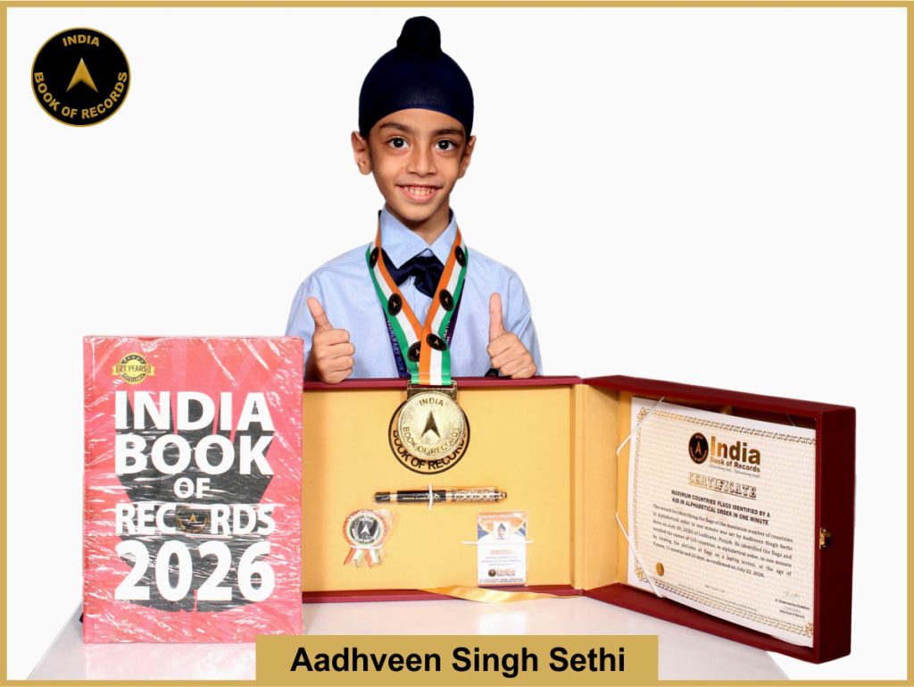 Pic of Aadhveen Singh Sethi, Maximum countries’ flags identified by a kid in alphabetical order in one minute.