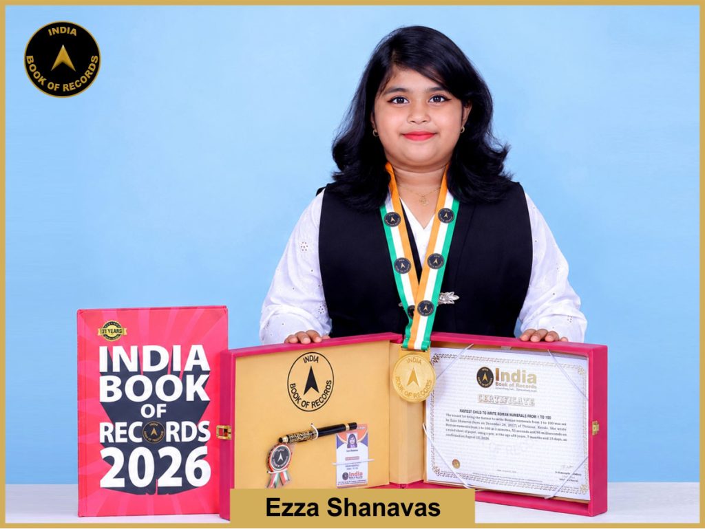 Pic of Ezza Shanavas, Fastest child to write Roman numerals from 1 to 100.