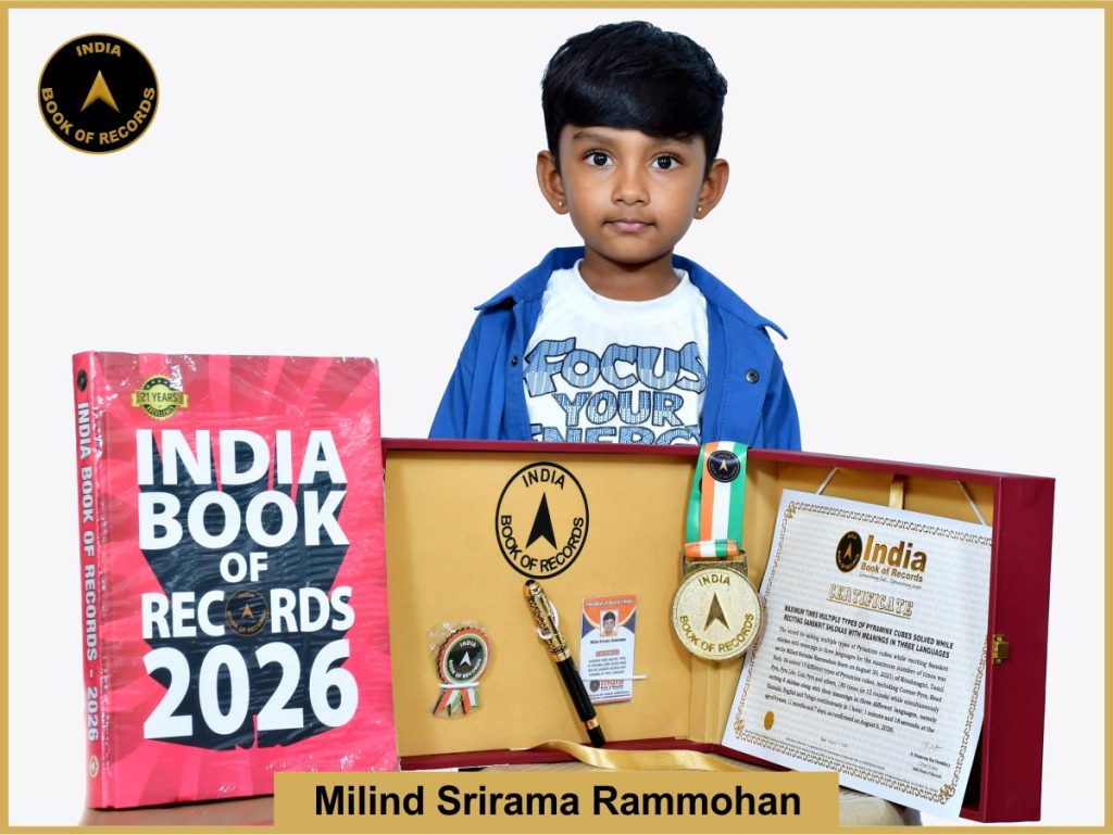 Pic of Milind Srirama Rammohan, Maximum times multiple types of Pyraminx cubes solved while reciting Sanskrit shlokas with meanings in three languages.