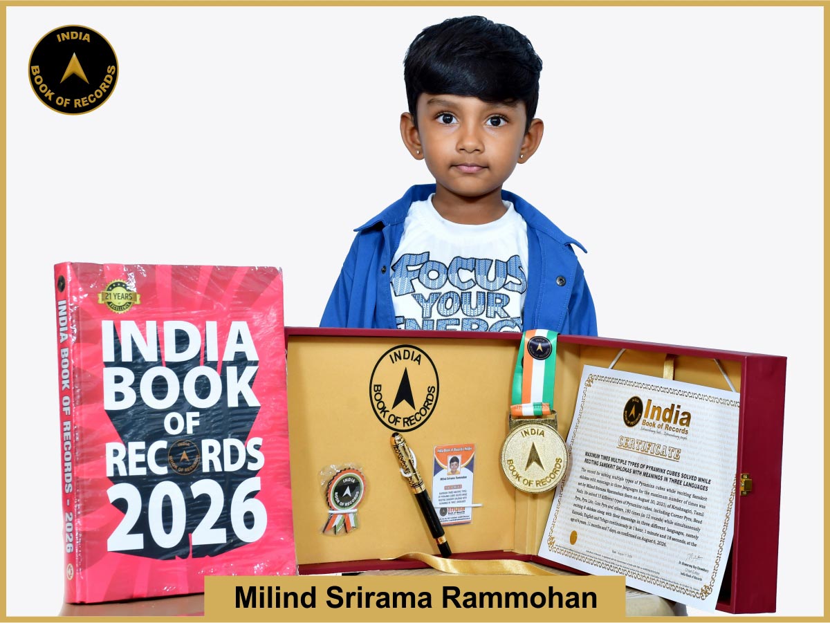 Maximum times multiple types of Pyraminx cubes solved while reciting Sanskrit shlokas with meanings in three languages