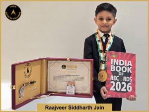 Image of Raajveer Siddharth Jain, Maximum Rubik’s Cubes solved by a kid blindfolded.