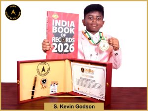 Pic of S Kevin Godson, Maximum English words spelt in reverse order blindfolded in one minute by a child.