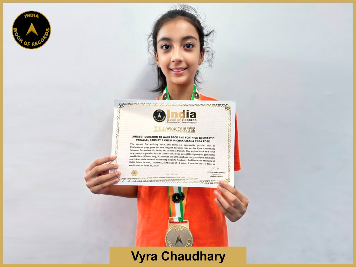 Longest duration to walk back and forth on gymnastic parallel bars by a child in Chakrasana yoga pose