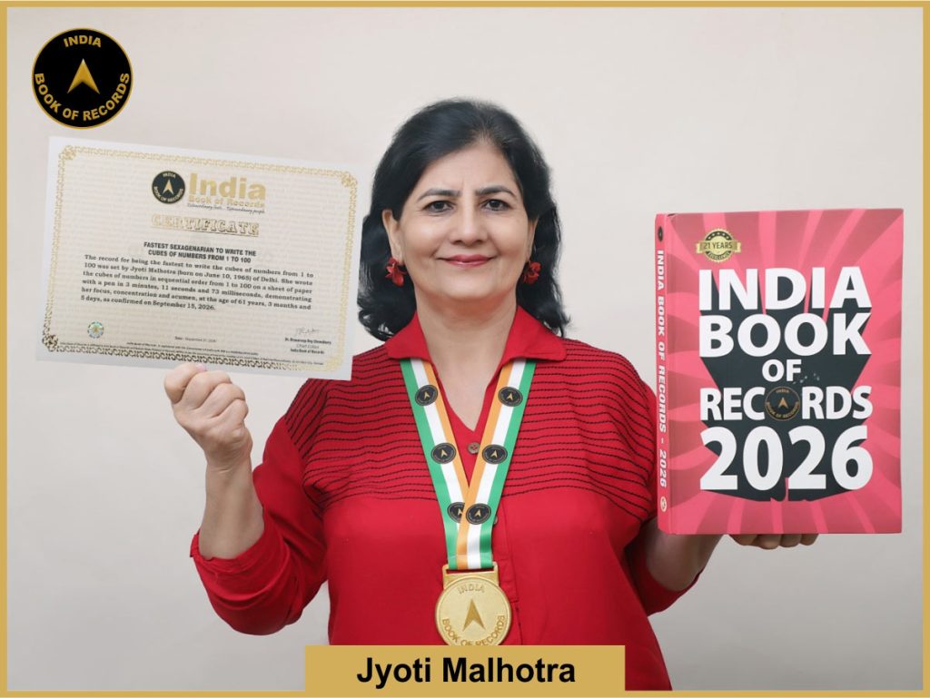 Pic of Jyoti Malhotra, Fastest sexagenarian to write the cubes of numbers from 1 to 100.