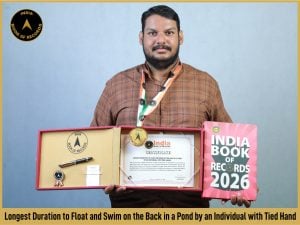 Pic of Kishor Manoharan, Longest Duration to Float and Swim on the Back in a Pond by an Individual with Tied Hands.