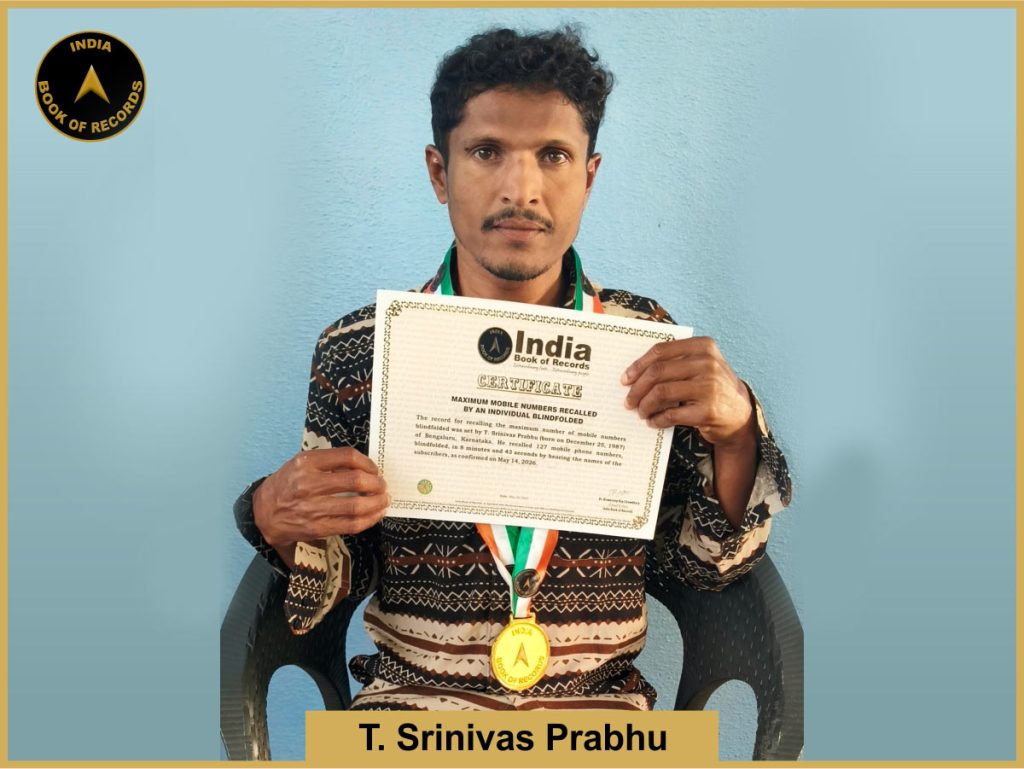 Image of T Srinivas Prabhu, Maximum mobile numbers recalled by an individual blindfolded.