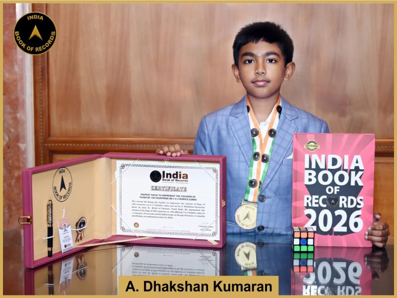 Pic of A dhakshan Kumaran, Fastest child to represent the colours of flags of 100 countries on 3 x 3 Rubik's cubes.