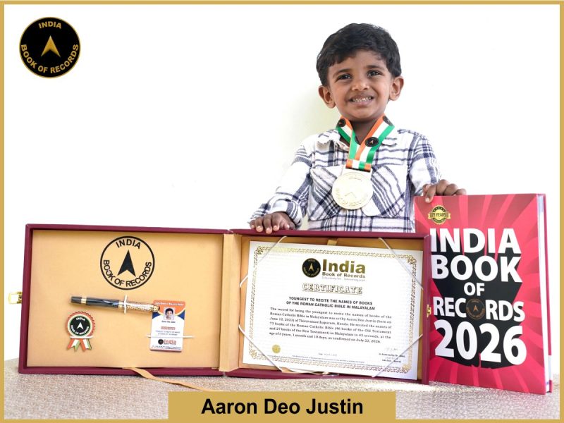 Pic of Aaron Deo Justin, Youngest to recite the names of books of the Roman Catholic Bible in Malayalam.