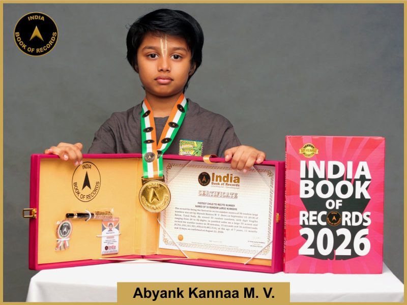 Pic of Abyank Kanna M.V. Fastest child to recite number names of 50 random large numbers.