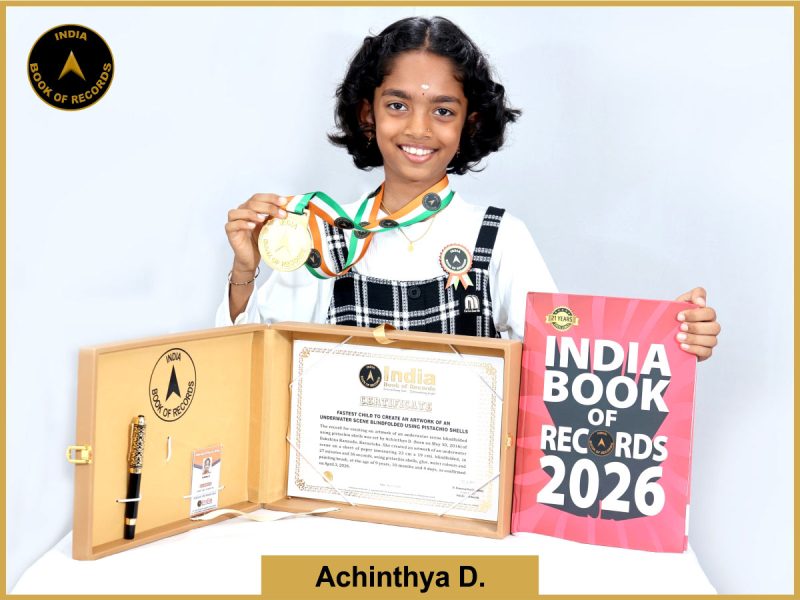 Image of Achintya D, Fastest child to create an artwork of an underwater scene blindfolded using pistachio shells