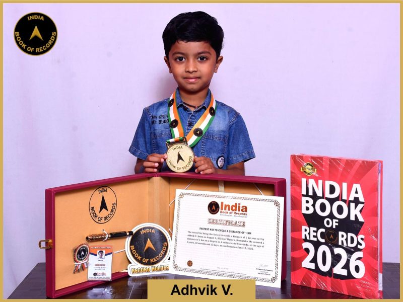 Pic of Adhvik V, Fastest kid to cycle a distance of 1 km.