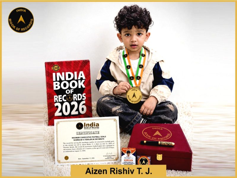 Pic of Aizen Rishiv T . J, Maximum consecutive football goals scored by a toddler in one minute.