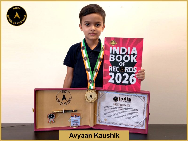 Image of Avyaan Kaushik, Maximum single-hand basketball bounces performed by a kid while moving on skates in a circular motion.