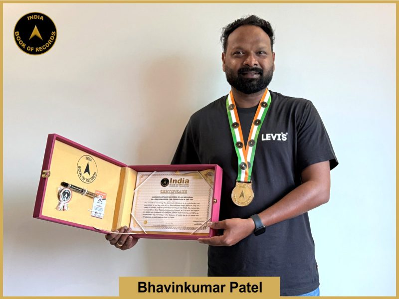 Pic of Bhavinkumar Patel, Maximum distance covered by an individual in a cross-border car expedition in one day.