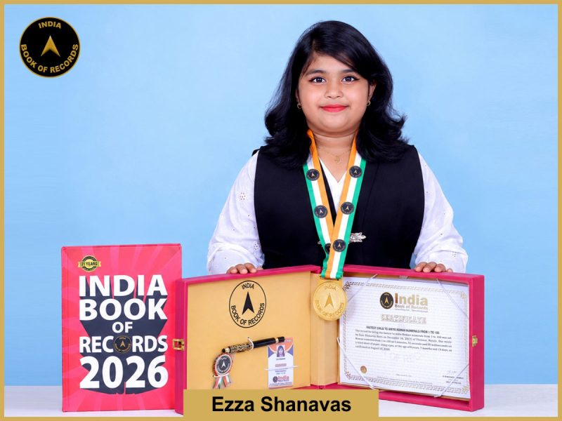Pic of Ezza Shanavas, Fastest child to write Roman numerals from 1 to 100.