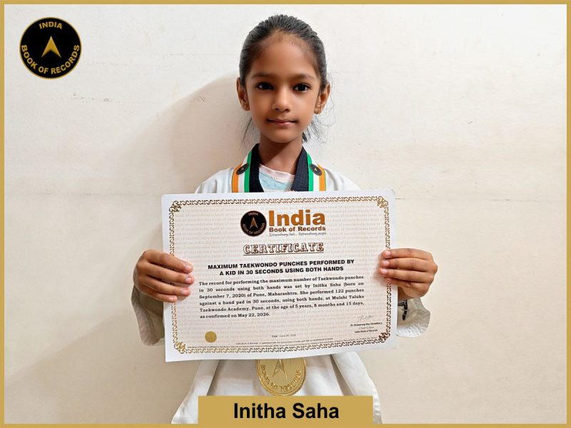 Pic of Initha Saha, Maximum Taekwondo punches performed by a kid in 30 seconds using both hands.